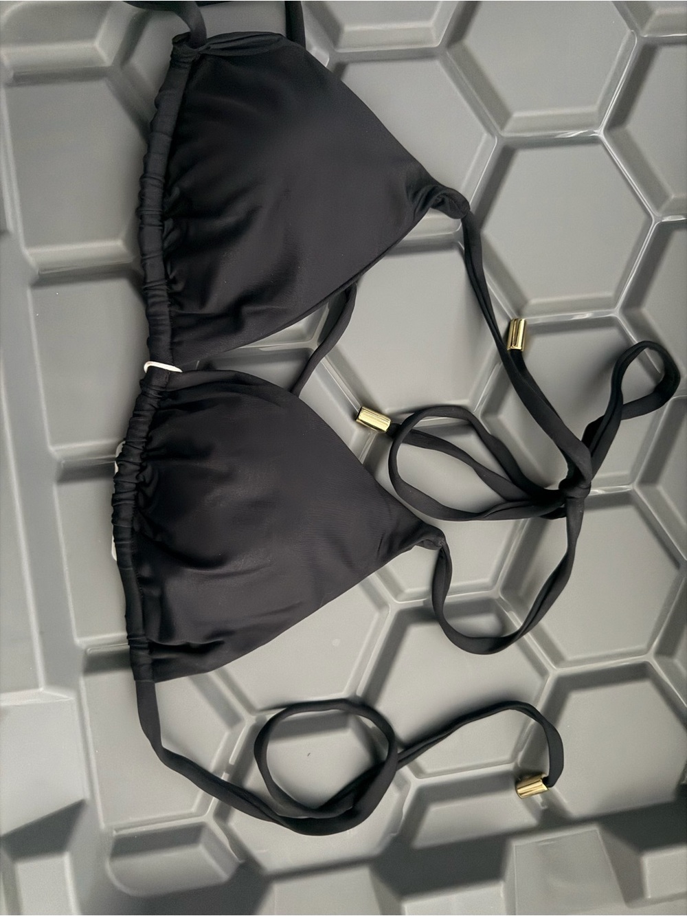 Monday Swimwear Black Triangle Tie Bikini Top with Gold Accents S